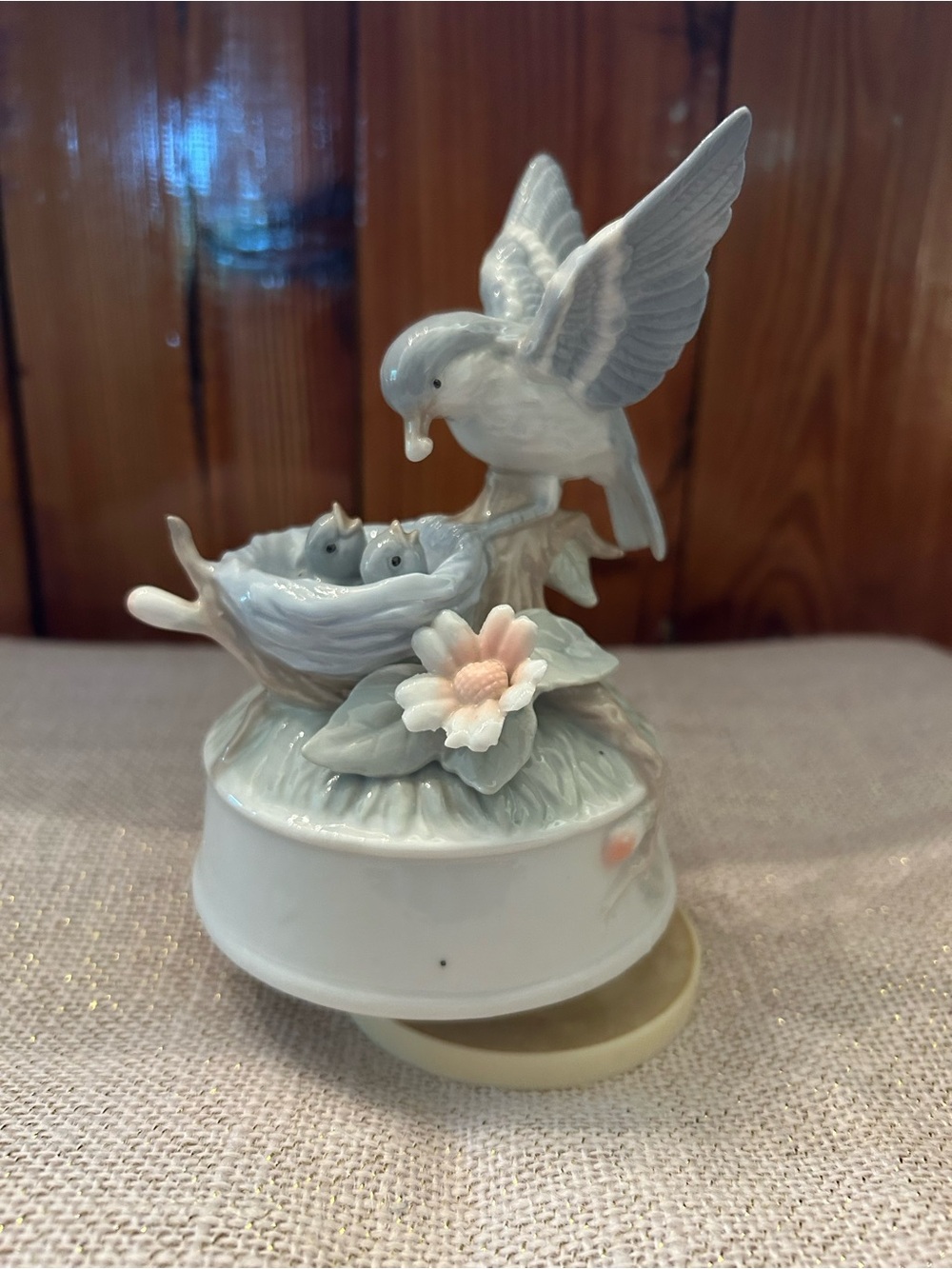 Porcelain Bird Nest Figurine Music Box - White and Pale Blue